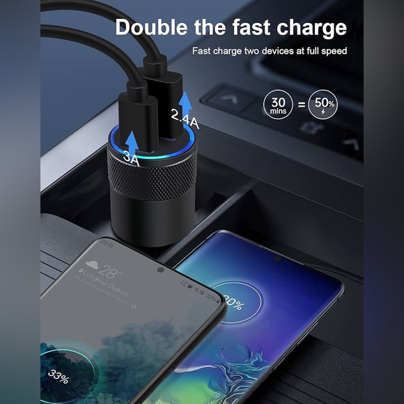 30W USB C Car Charger PD 3.0 Fast Charge Dual Port USB Type C 2.4a USB A Charger - Picture 4 of 11